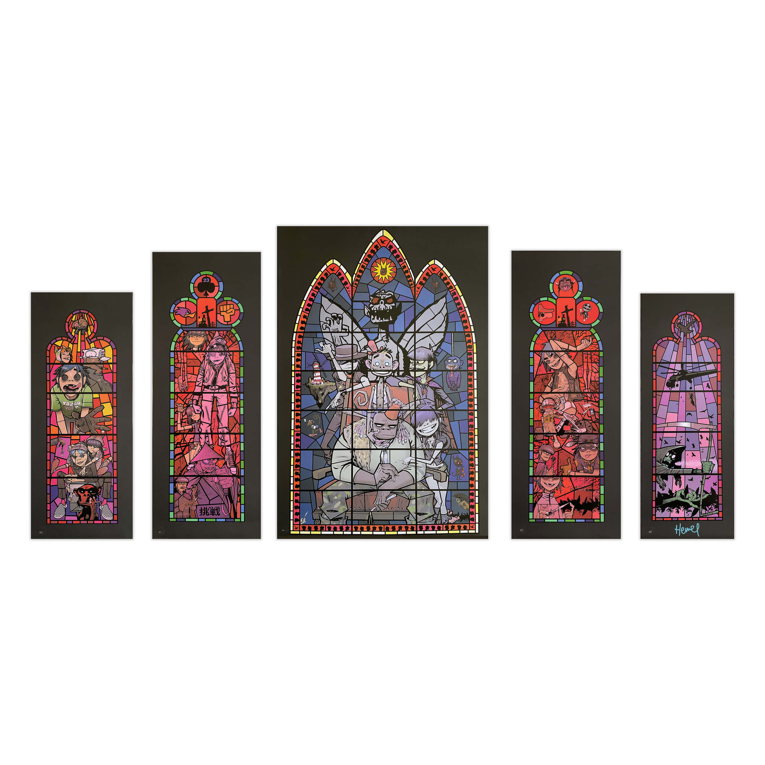 jamie-hewlett-gorillaz-stained-glass-window-signed-print-set jamie-hewlett-gorillaz-stained-glass-window-signed-print-set