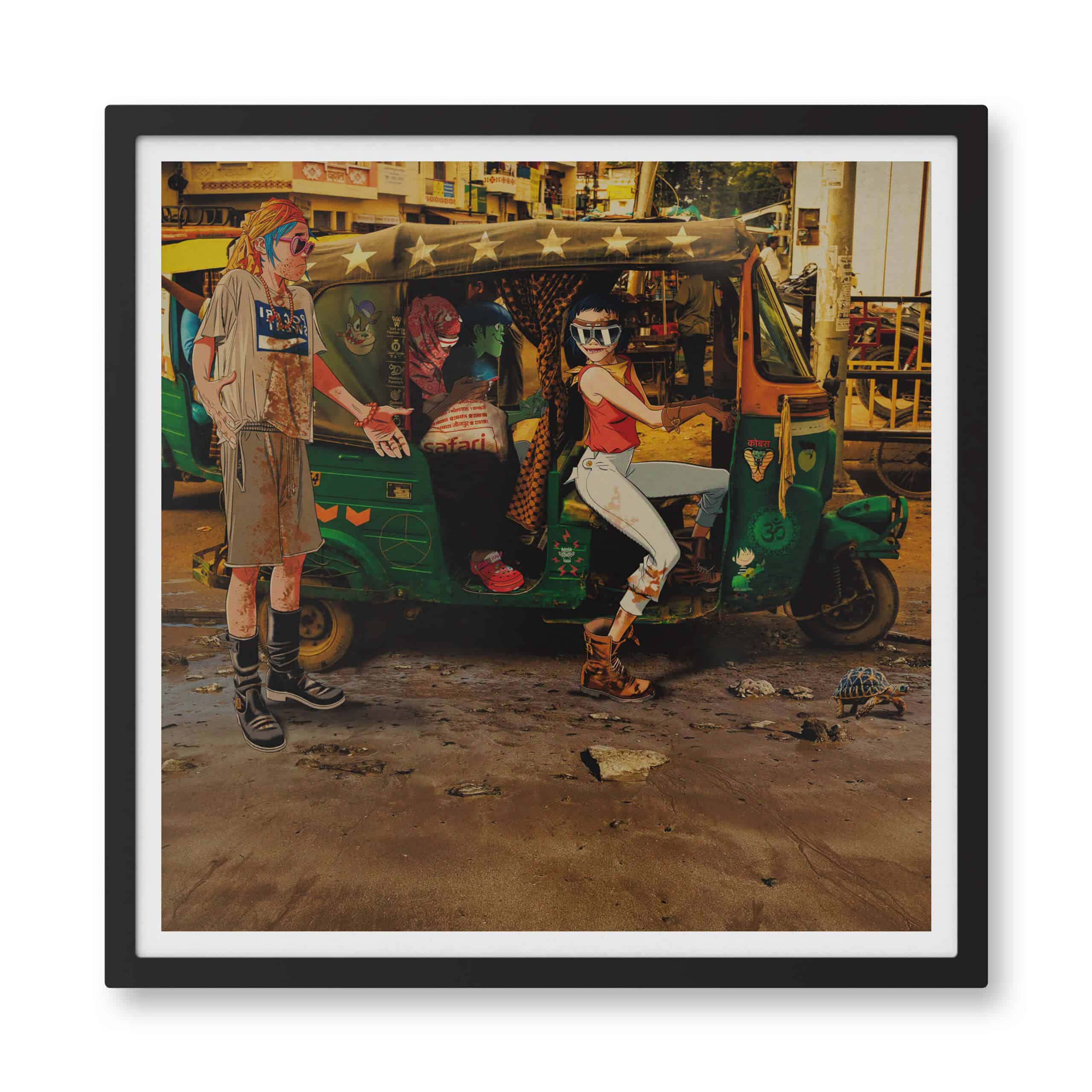 jamie-hewlett-gorillaz-the-mountain-print-new-day-in-new-delhi-framed-blk