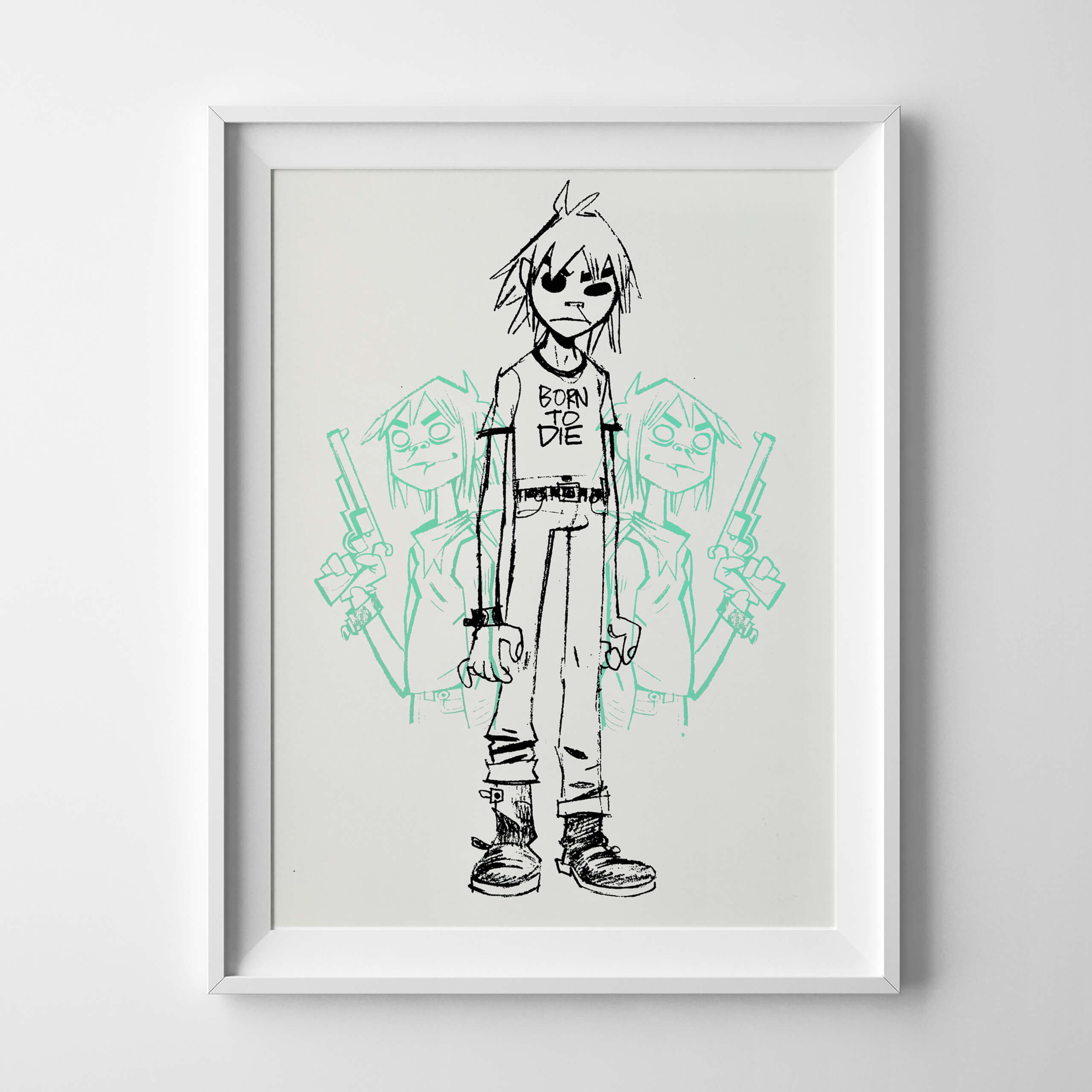 jamie-hewlett–gorillaz–limited-edition-print–2d-born-to-die–black-aqua-marine–artist-proof-framed