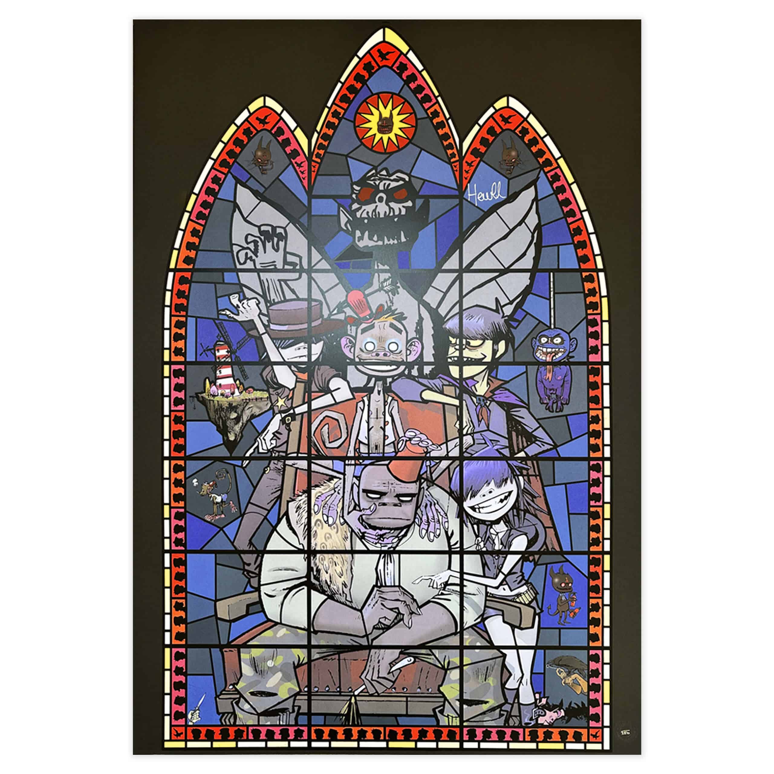 jamiehewlett–gorillaz–stained-glass-window–5-prints–matching-edition-full-set–signed-large-centre jamiehewlett–gorillaz–stained-glass-window–5-prints–matching-edition-full-set–signed-large-centre